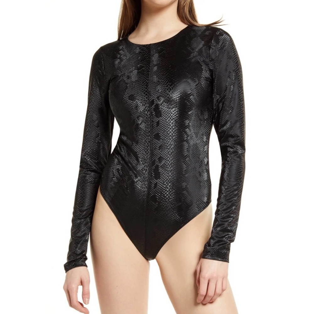 Good American Faux Leather Bodysuit In Black Snake Size 1(S)
